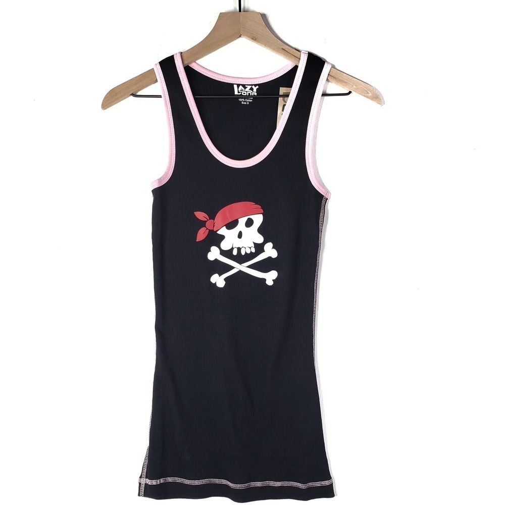 NEW Lazy‎ One Pirate Bones Ribbed Tank Top Black Red S Small NWOT